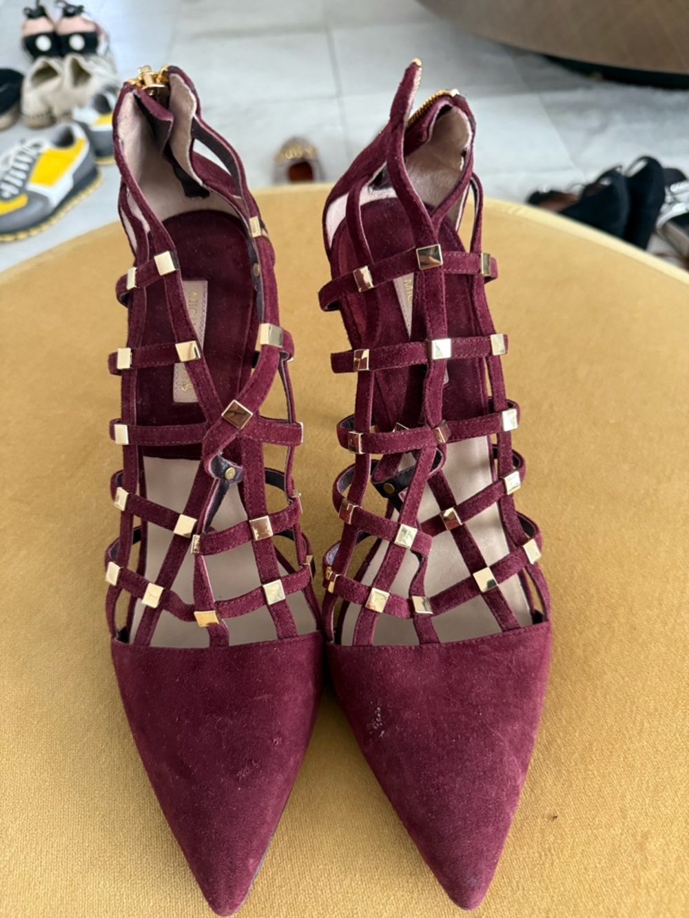 Michael Kors Burgundy Suede Cage Pointed-Toe Heels with Gold Accents - Picture 3 of 7